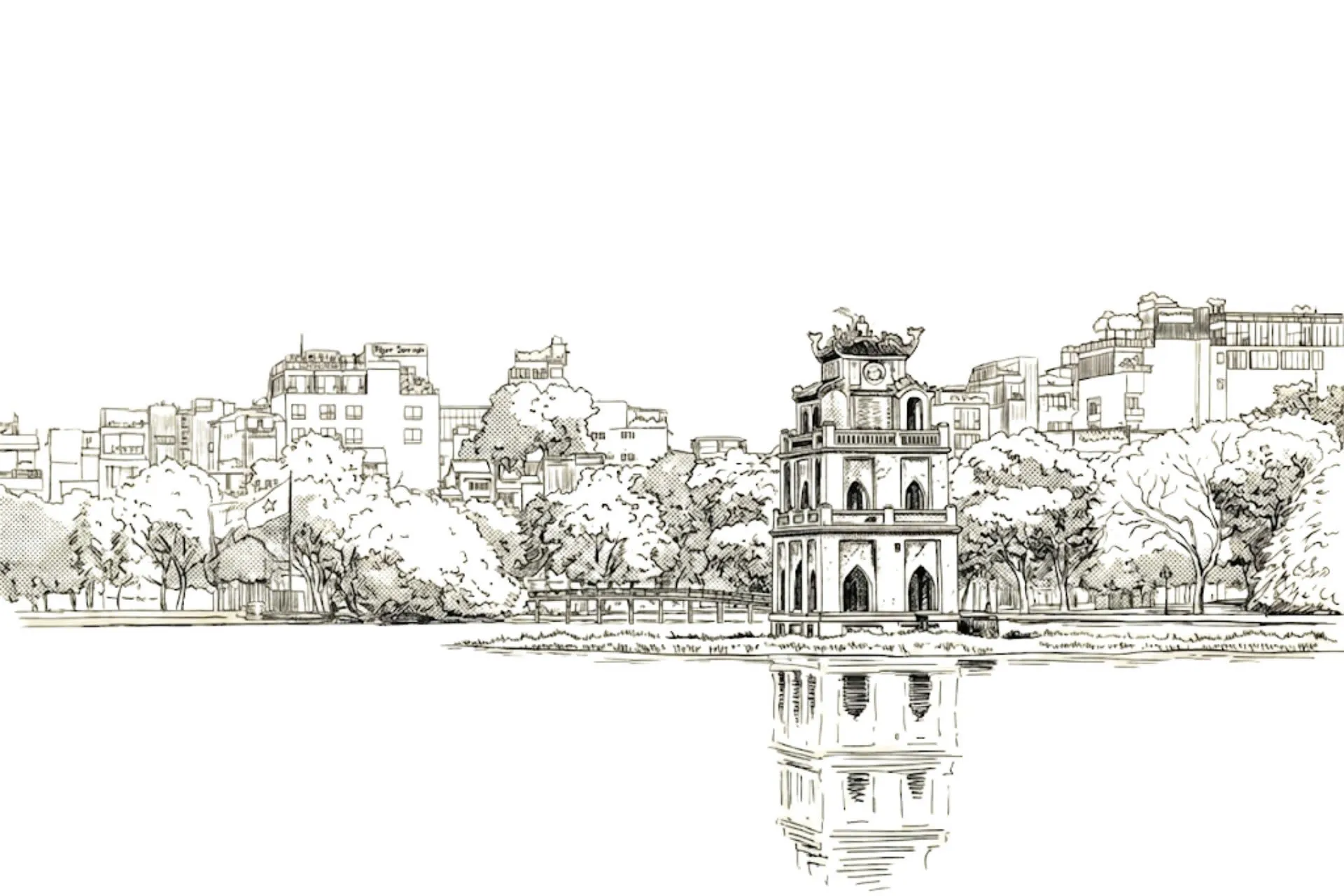 Sketch of Turtle Tower on Hoan Kiem Lake and Hanoi’s Old Quarter