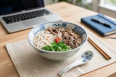 ノートパソコンと手帳を広げたデスクの上に置かれた、ベト屋のロゴ入りの丼に盛られた牛肉とねぎのフォーと箸・レンゲ