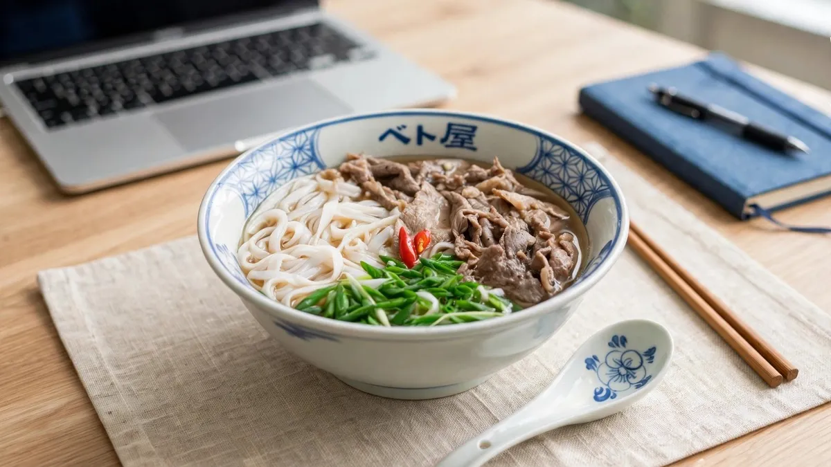 ノートパソコンと手帳を広げたデスクの上に置かれた、ベト屋のロゴ入りの丼に盛られた牛肉とねぎのフォーと箸・レンゲ