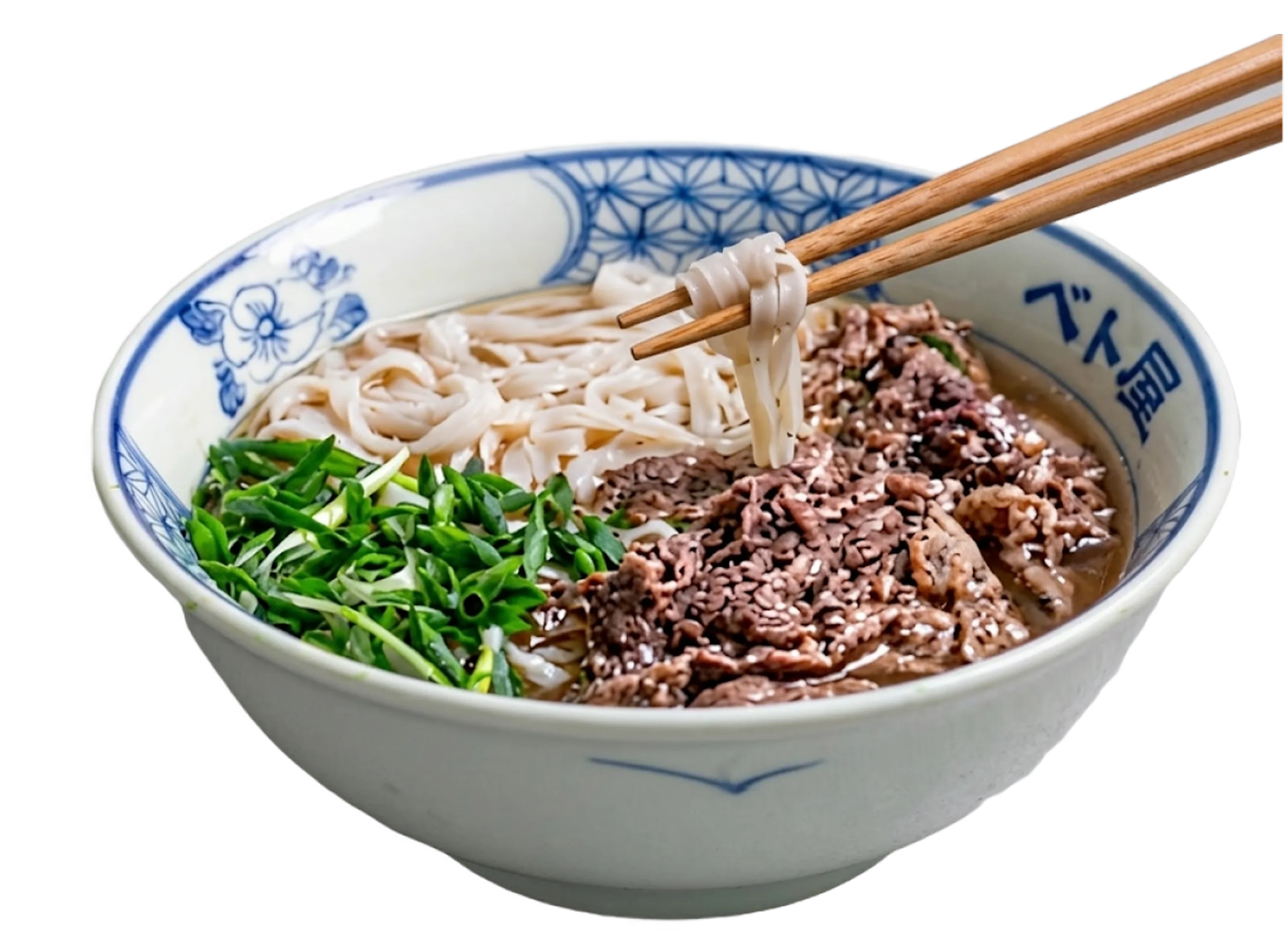 Viet Origin beef pho, chopsticks lifting fresh pho noodles from the bowl