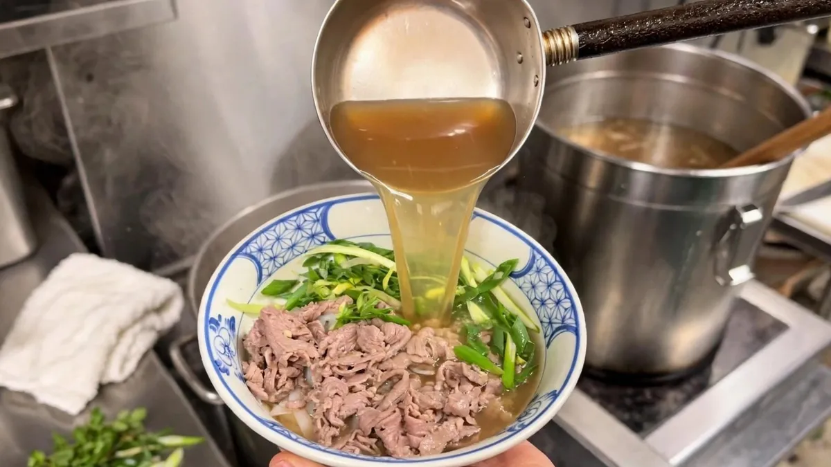 湯気の立つ厨房で、手に持った丼の牛肉と青ねぎの上に、お玉から澄んだ黄金色のスープを注ぐ瞬間