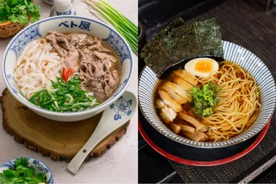 左にベト屋の丼に盛った牛肉のフォー、右に海苔と煮玉子をのせた醤油ラーメンを並べて見比べた一枚