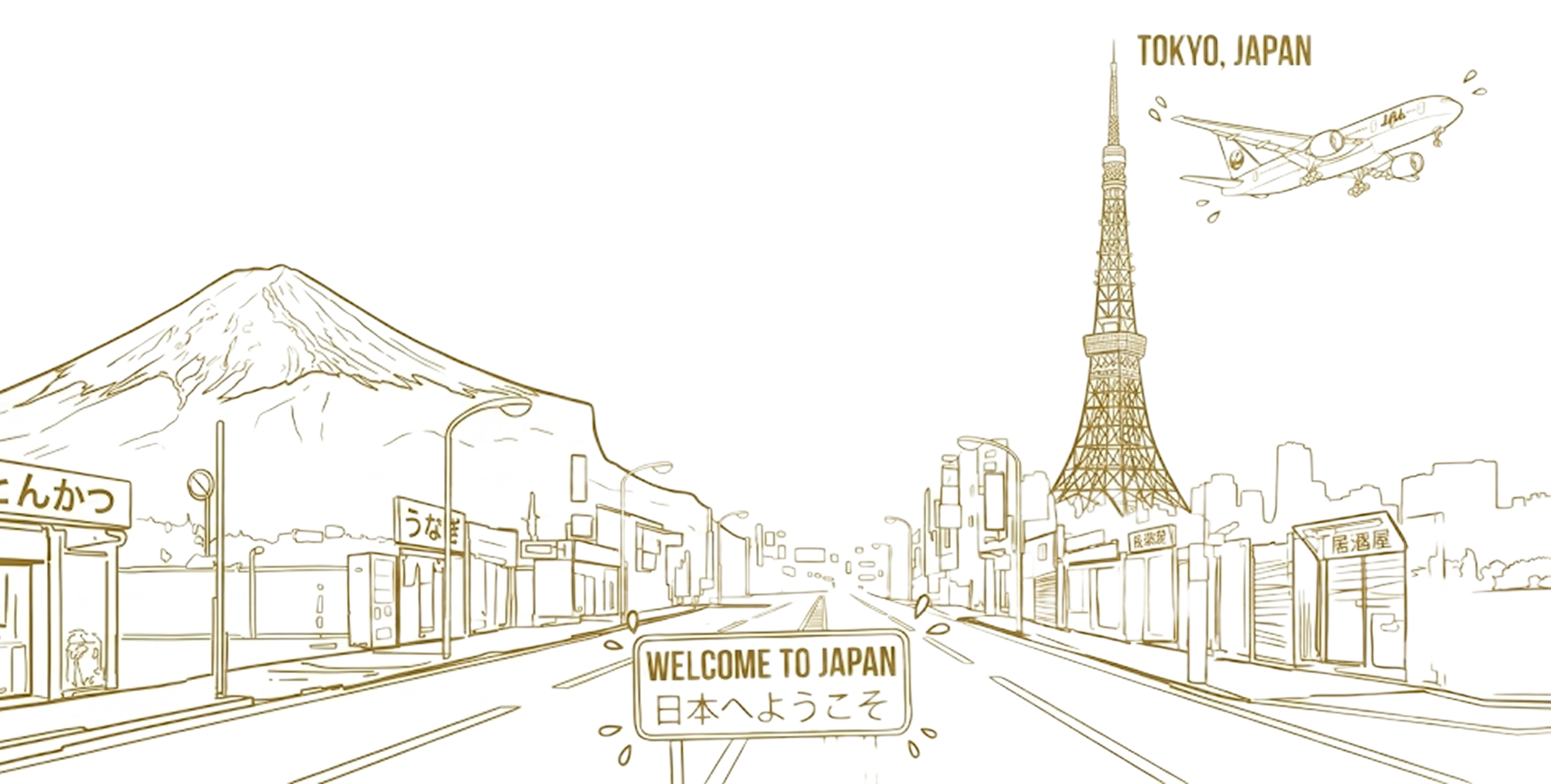 Line drawing of Tokyo: Mount Fuji, Tokyo Tower, an airplane and a “Welcome to Japan” sign